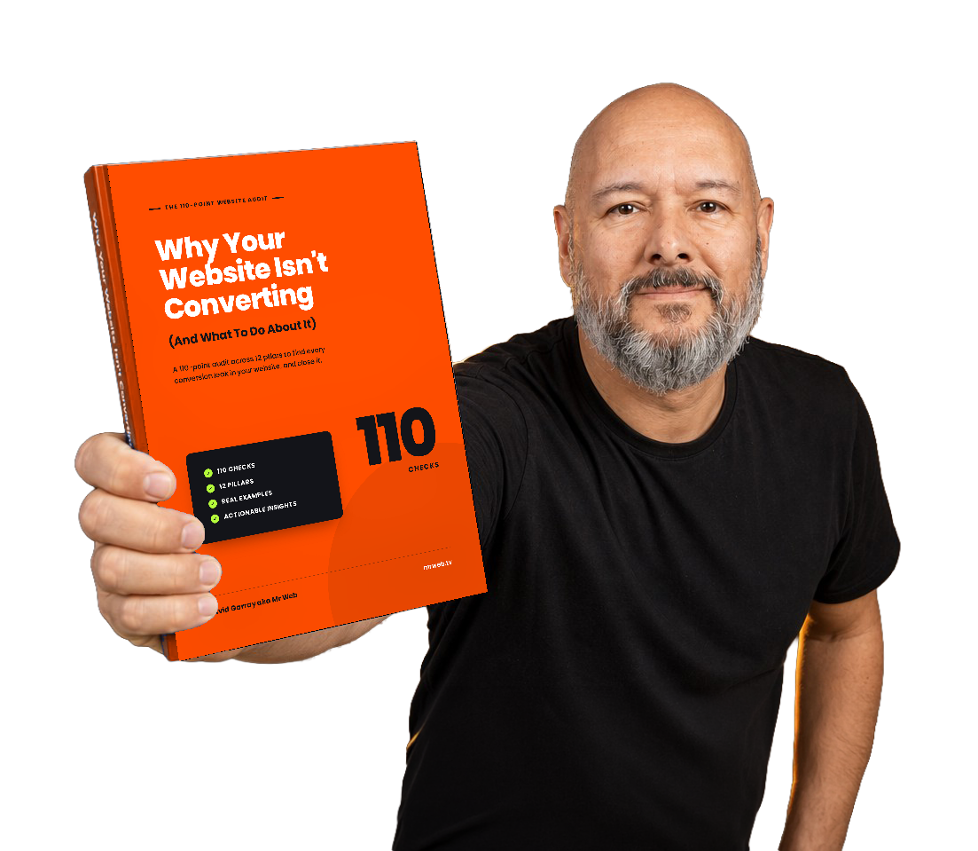 Mr Web holding the free 110-point website audit